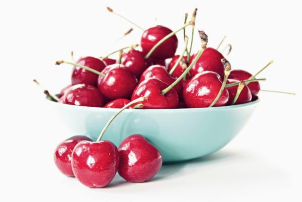 Bowl of Cherries 5x7 Food Photography Kitchen Decor Red Aqua Valentines Day Colorful Food Art Still Life
