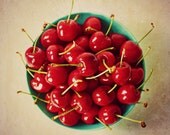 Bowl of Cherries 8x8 Food Photography Red and Aqua Rustic Kitchen Decor Juicy Fresh Fruit Sweet Art