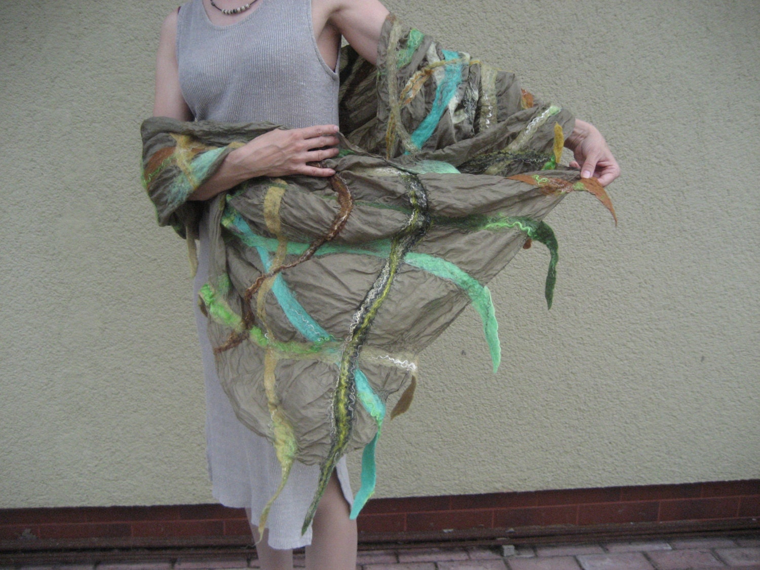 Nuno Felted Scarf Shawl Wrap: Wool, ponge silk. OOAK. Green mustard forest moss lime emerald cinnamon brown