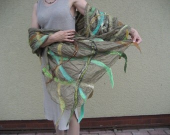 Nuno Felted Scarf Shawl Wrap: Wool, ponge silk. OOAK. Green mustard forest moss lime emerald cinnamon brown