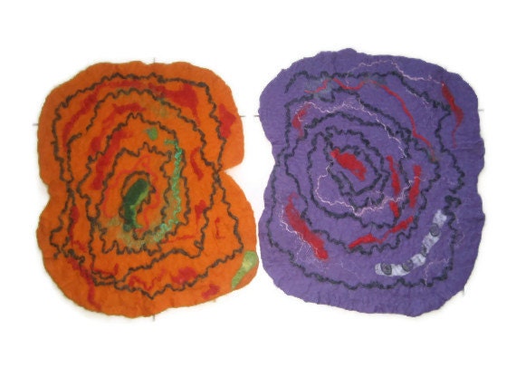 Felted Placemat, set of 2: Wool. Freeform, table sauna pet dog cat mat, orange red blue green purple blue brown