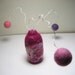 Felted tiny  vase with 3 craspedia pom pom flowers minimalist. Purple pink. Felt wool balls, glass. Easter, Mothers day Gift under 20