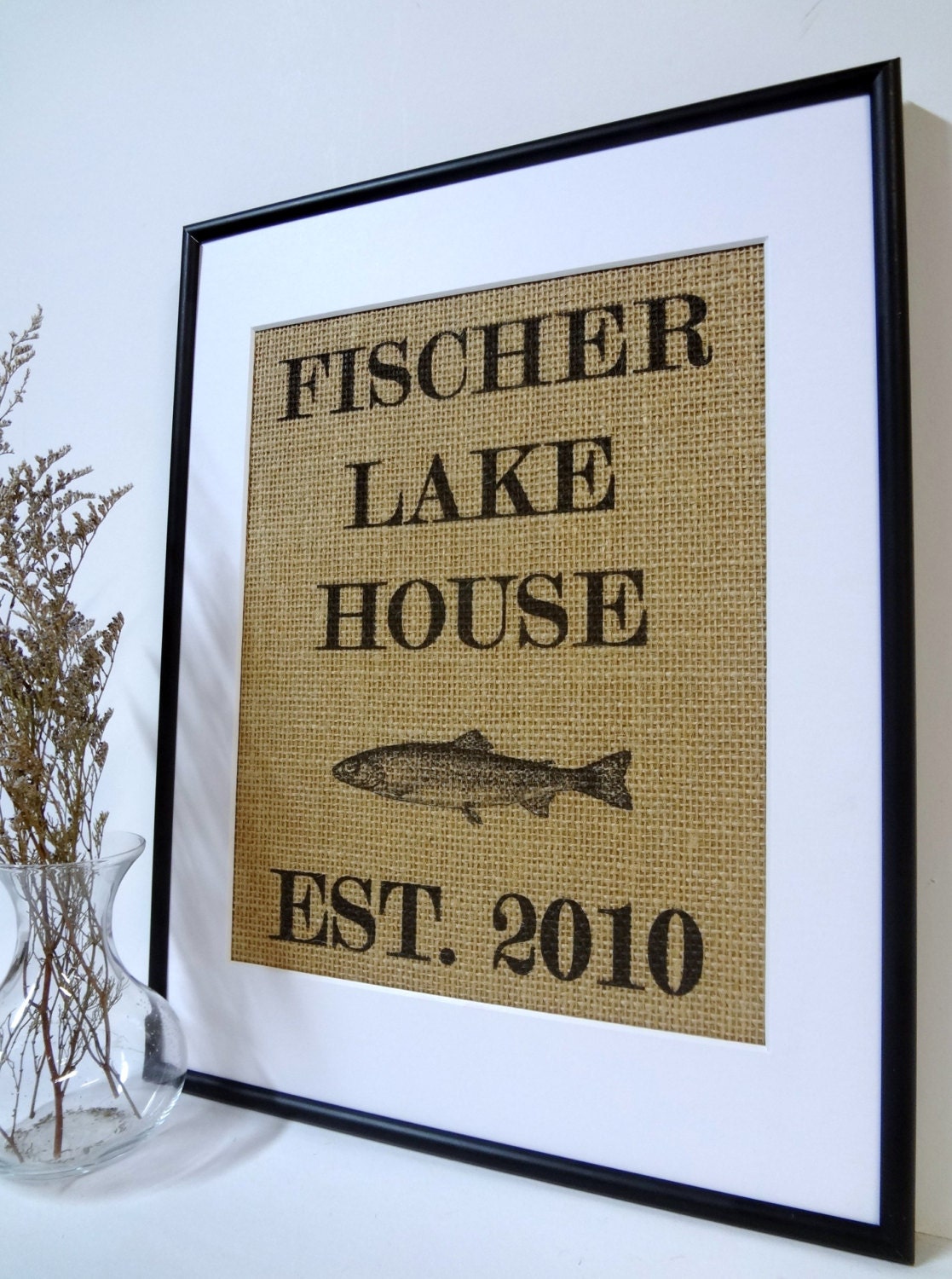 Personalized Lake House Burlap Art Sign on natural burlap cottage lake house cottage decor