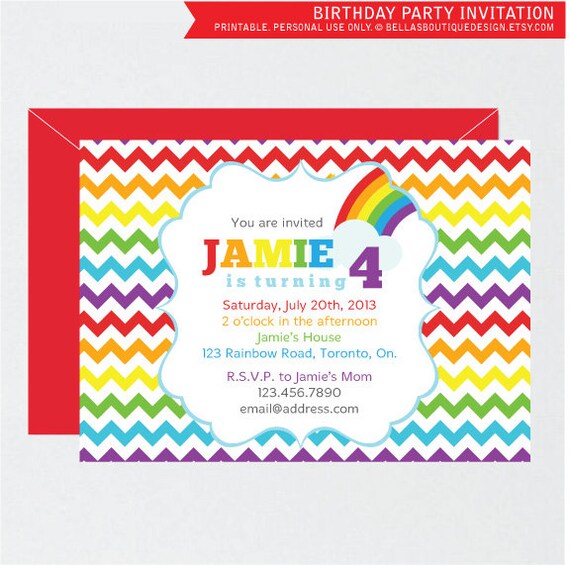 Rainbow Red, Children's Birthday Party Invitation, Rainbow Chevron, Rainbow Stars, Cupcake Il_570xn