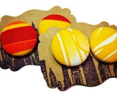 Button Earrings, Handmade Jewelry, Vintage Inspired, Yellow, Orange, Fabric Covered, Bridesmaids, Womens Accessories, Neon, Round