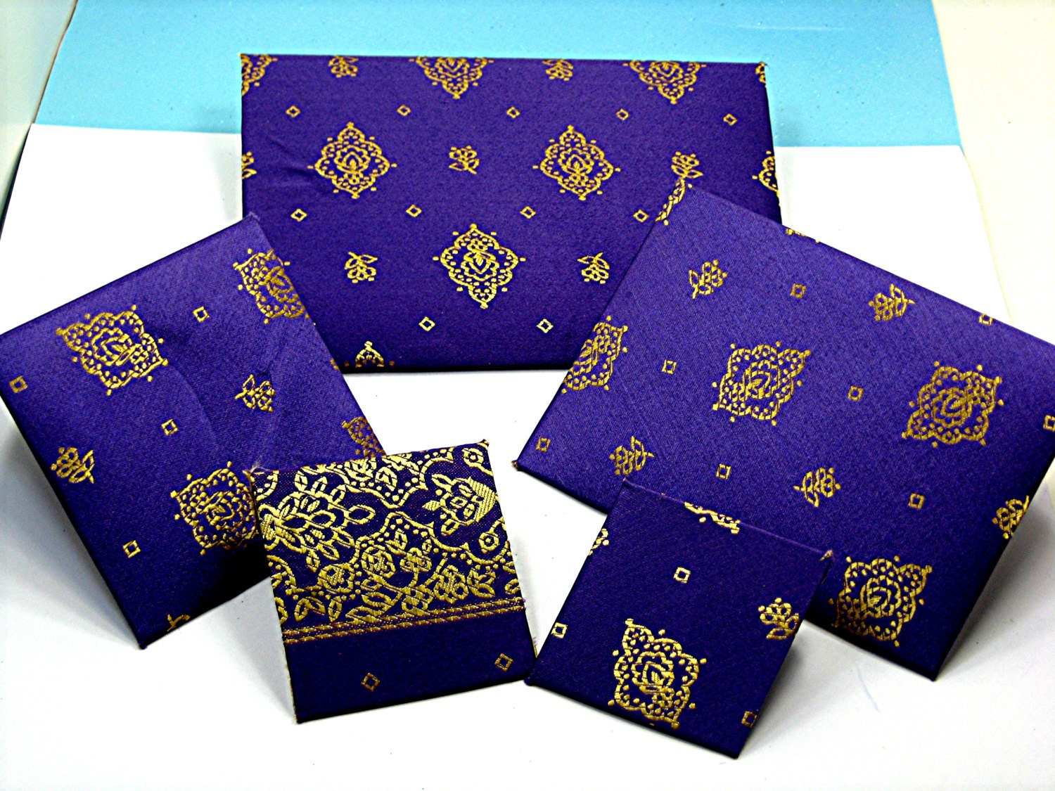 5 Royal Purple/Golden Chinese Silk Envelope Set, Unique Hand Crafted Lovely Designed Silk Fabric Envelopes, Lined With Gold/Purple Cardstock