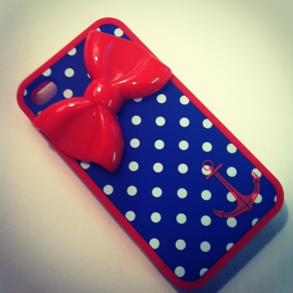 iPhone 4 and iPhone 4S Red Bow Nautical Polka Dot Navy Blue Anchor 3D case