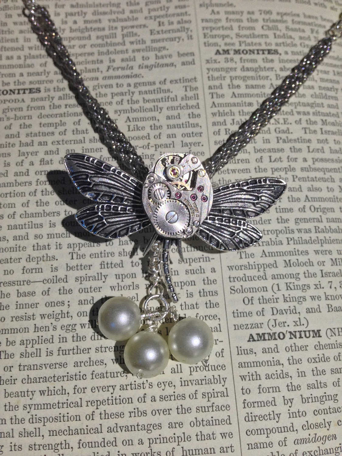 Steampunk pendant - silver clockwork dragonfly with pearl cluster