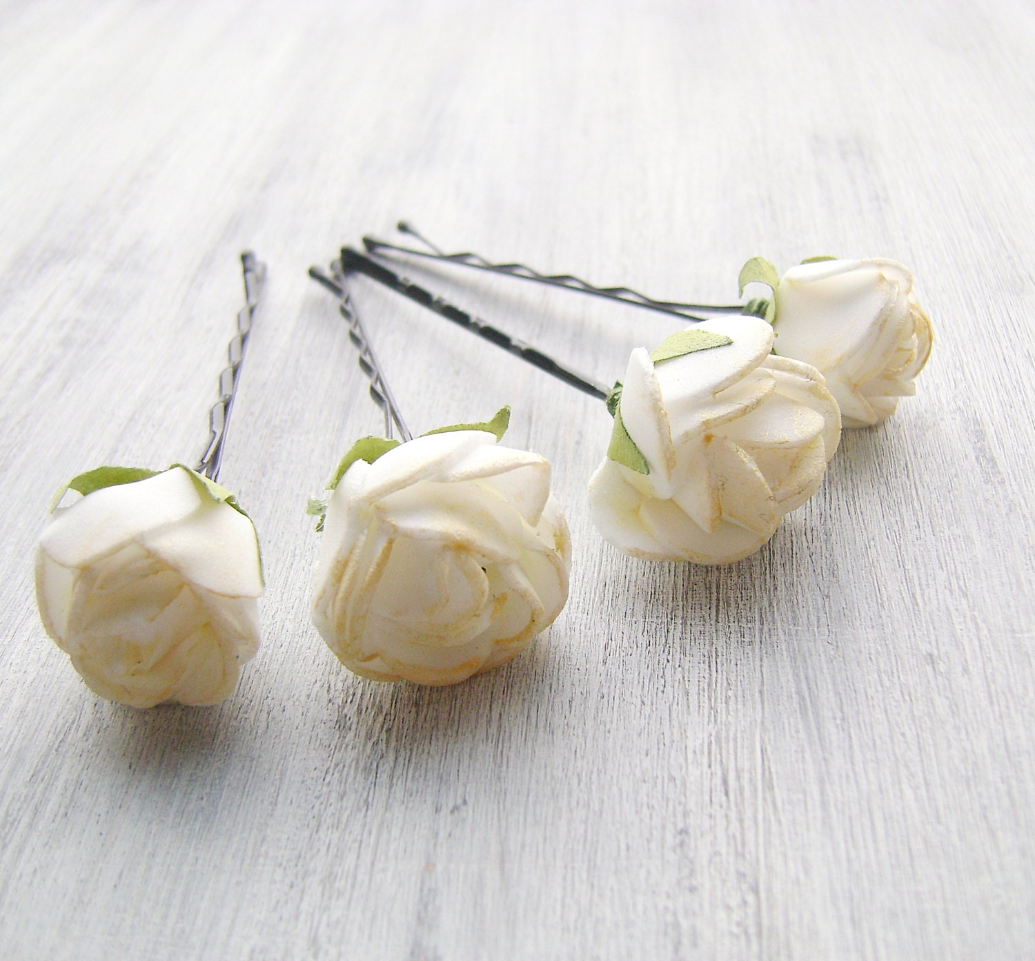 White Light gold Flowers Bobby Pins, Roses Bridal Hair Pins, Woodland, Bridal Hair Clip, Flower Clips, Wedding Hair Accessory, set of 4