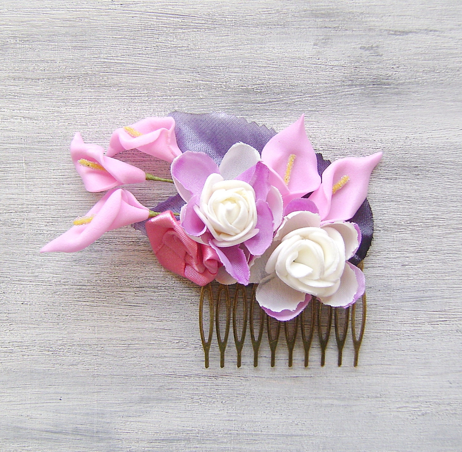 Pink Calla Lilly, White Purple Flowers hair comb,blossom flowers hair comb, wedding hair accessories,  Bridal hair comb,wedding headpiece