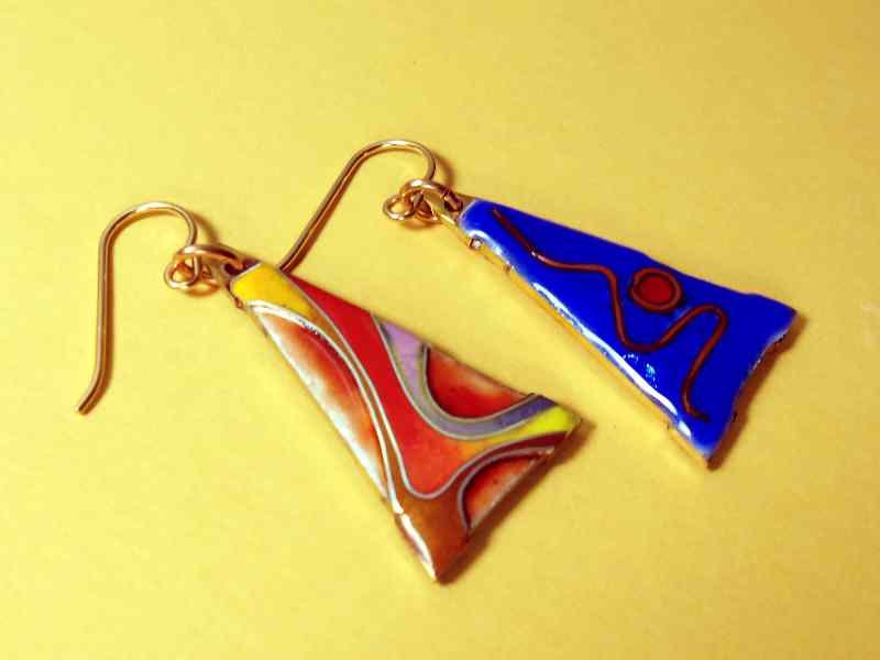 Enamel earrings, Cloisonne earrings, Abstract pendant earrings
