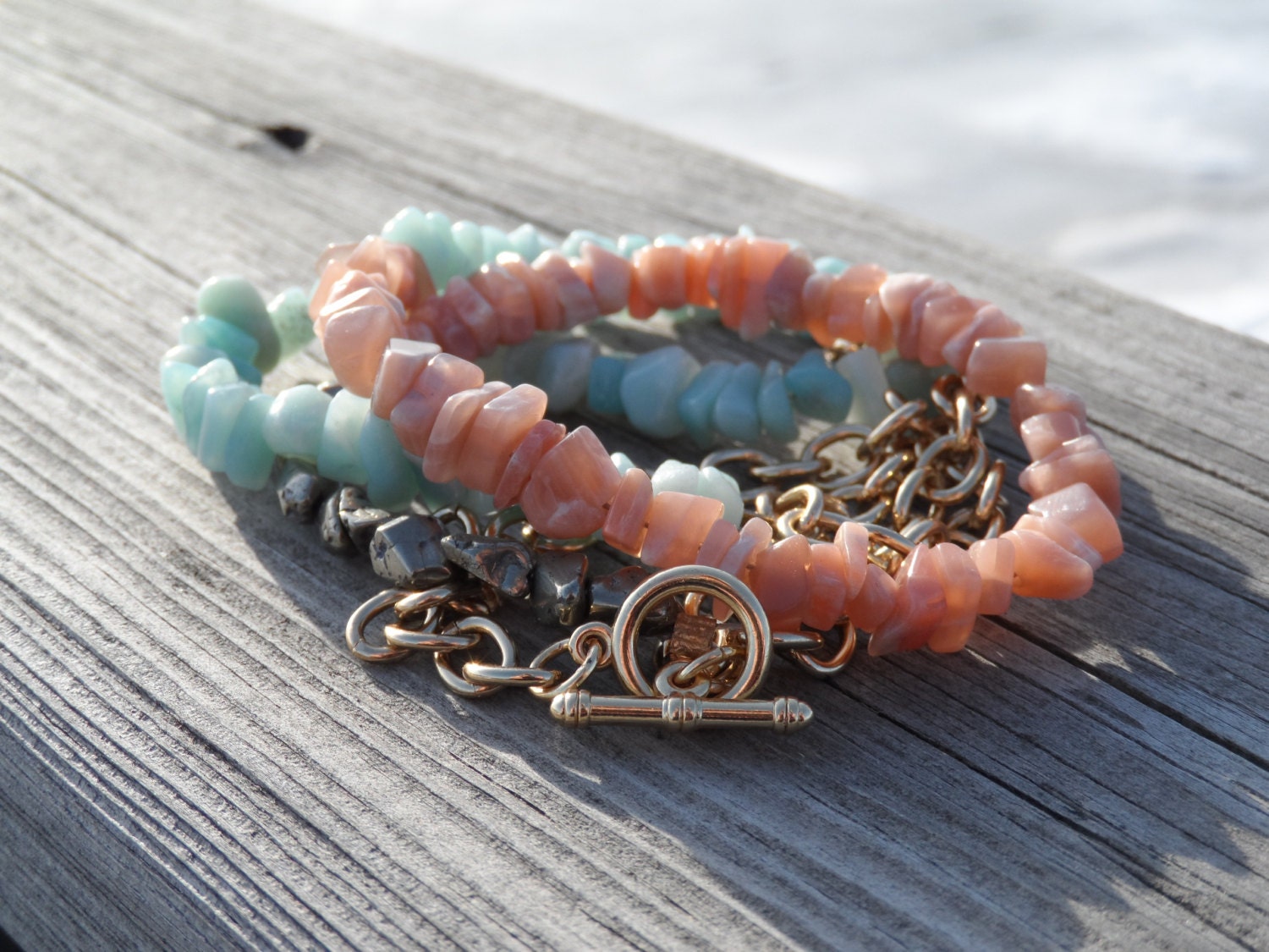 Peach Moonstone and Blue Amazonite Wrap Bracelet