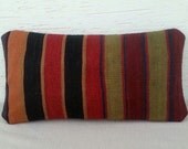 VINTAGE  Red Green Orange Black Striped  Handmade Turkish Kilim Pillow Cover,Decorative Throw Pillows,Lumbar  Pillow,Bolster  Pillow.