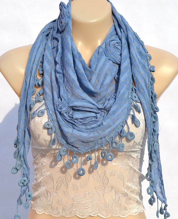 The new fashion cotton scarf, cowboy blue striped lace scarf, shawl, comfortable and soft, feminine accessories