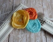 Summer Fun Headband (Yellow Satin, Bright Orange / Yellow Flower, Teal Lace, Guinea Feathers) -   For Baby or Adult