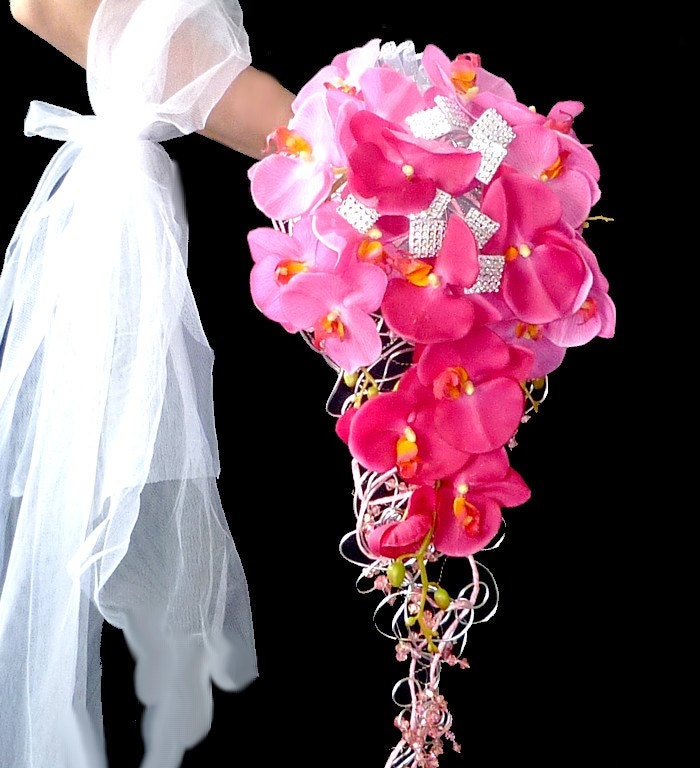 Silk flowers wedding bouguet  Pink orchid   and boutonniere