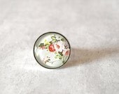 Floral ring -adjustable silver glass ring - white pink red green yellowr rose ring- glass  dome ring-  summer nature rustic flowers