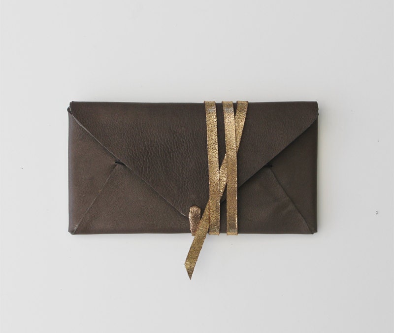 Grey sheepskin leather wallet with gold strap