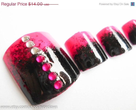 SALE Ombre Fake Nails for Toes Fade Black to Hot Pink with Rhinestones