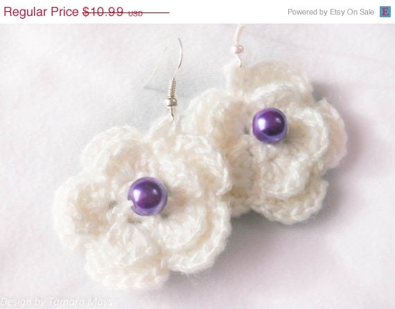SALE White Flower with Purple Pearl Crochet Earrings