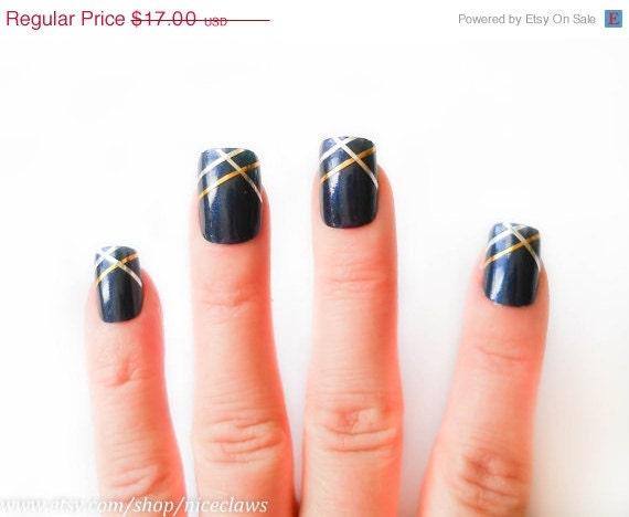 SALE Midnight Blue With Gold and Silver Ribbon Fake Nails