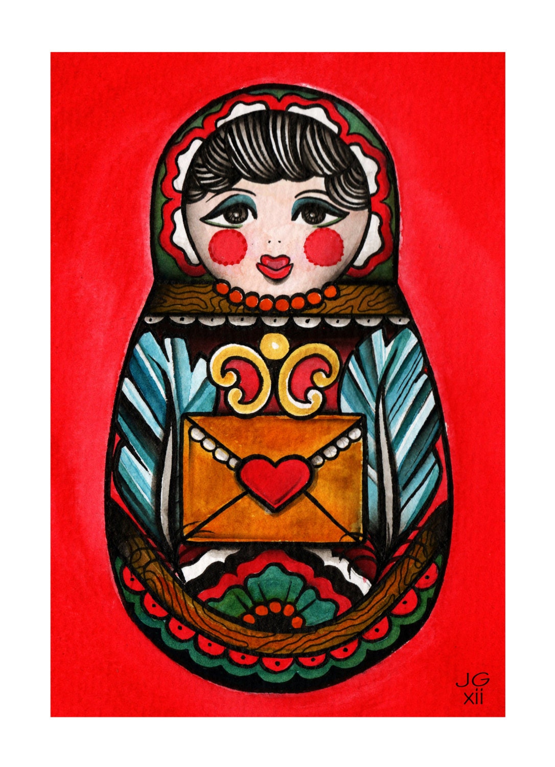 Russian Doll -Watercolour Tattoo art flash - A4 Art Print