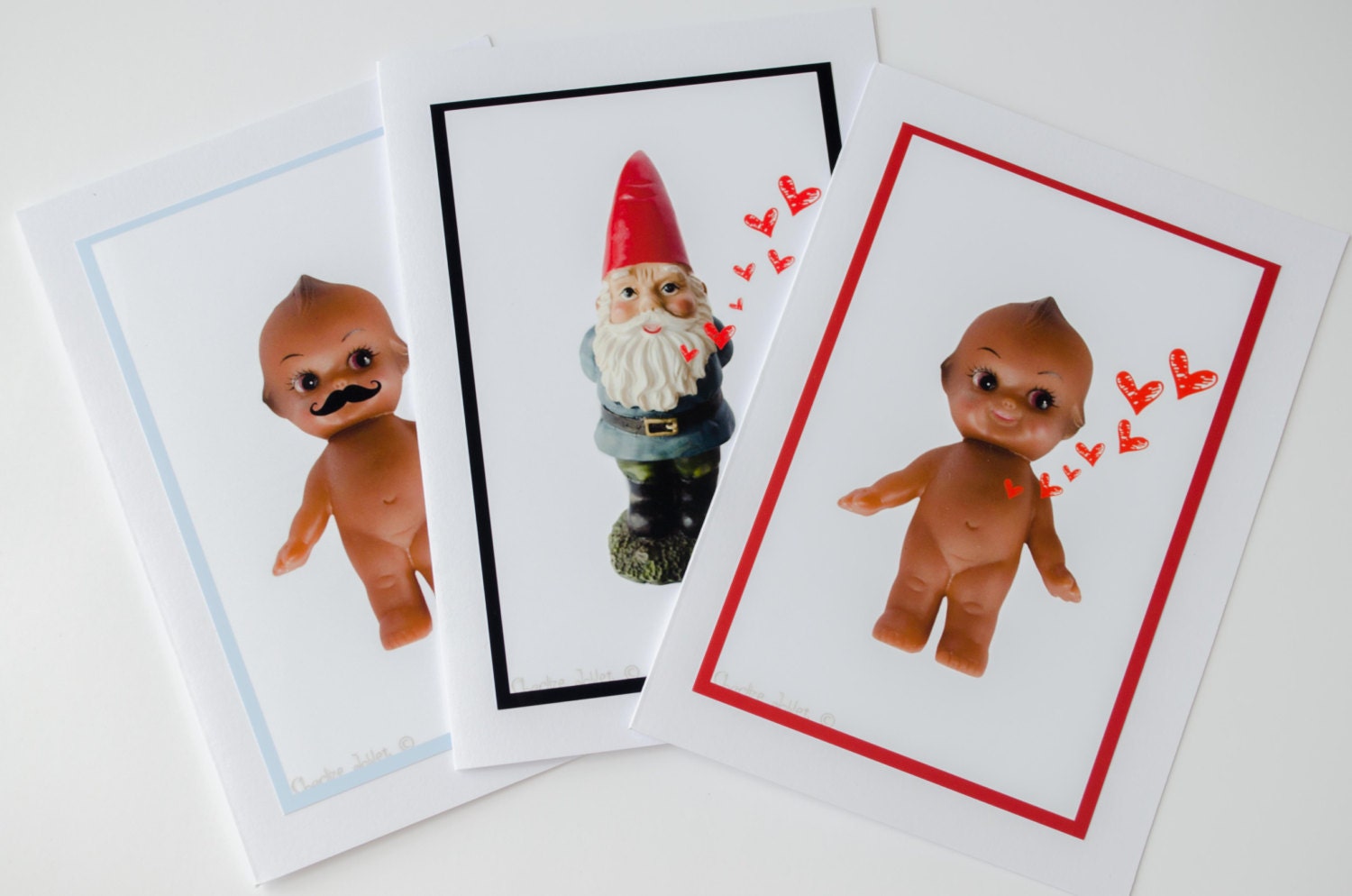 Box Set of 6 Note Cards Blank Inside 5 x 7 Greeting Cards : Gnome Kewpie Love Mustache