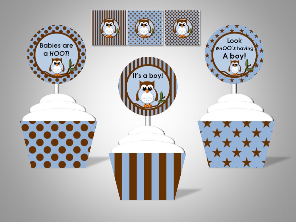 Owl Baby Shower - Baby Boy - Cupcake Wrappers & Toppers - DIY Printable Baby Shower Decorations Il_170x135