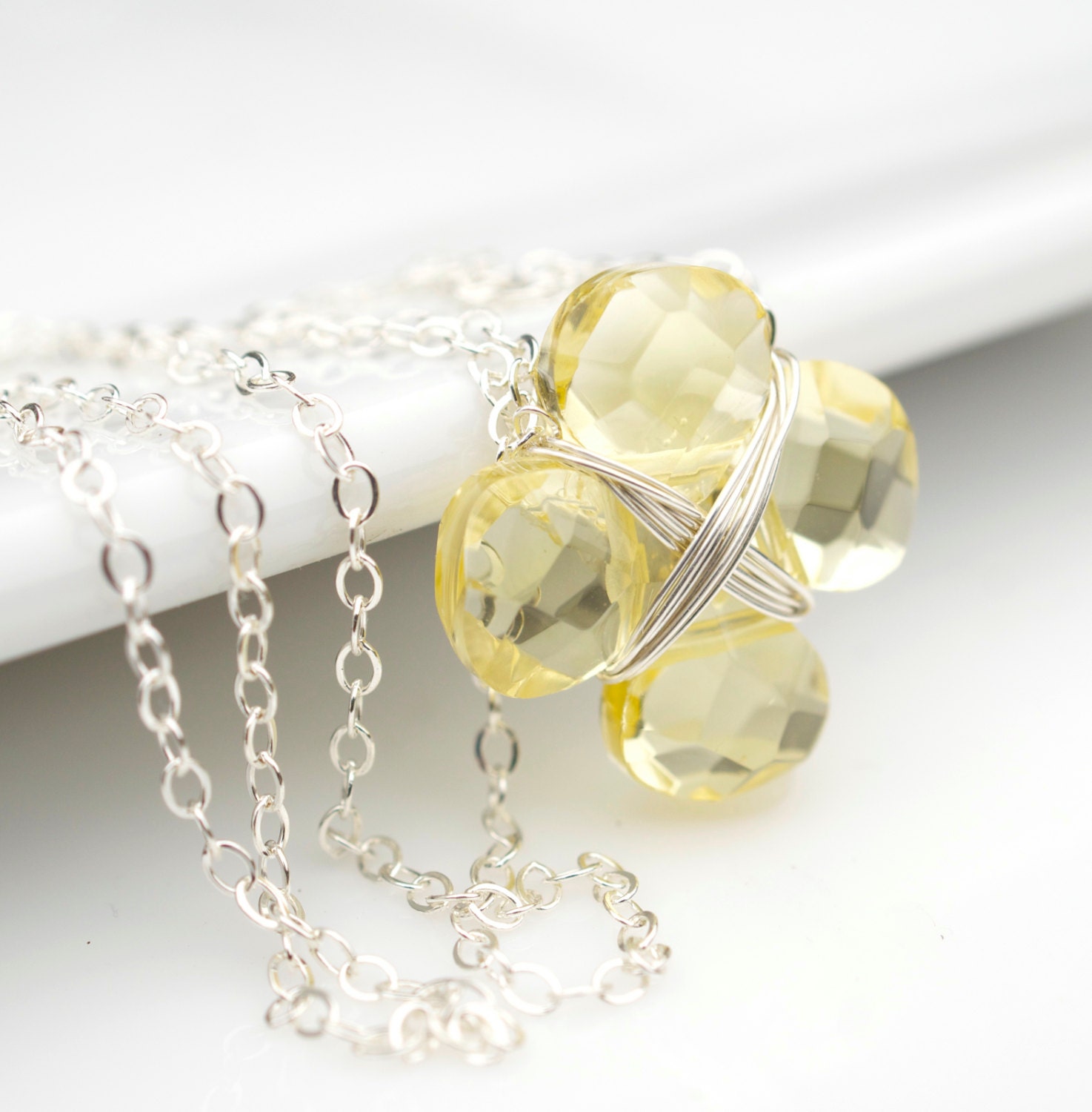 Yellow Quartz Pendant Necklace, Yellow Necklace, Sterling Silver Necklace, Delicate Necklace