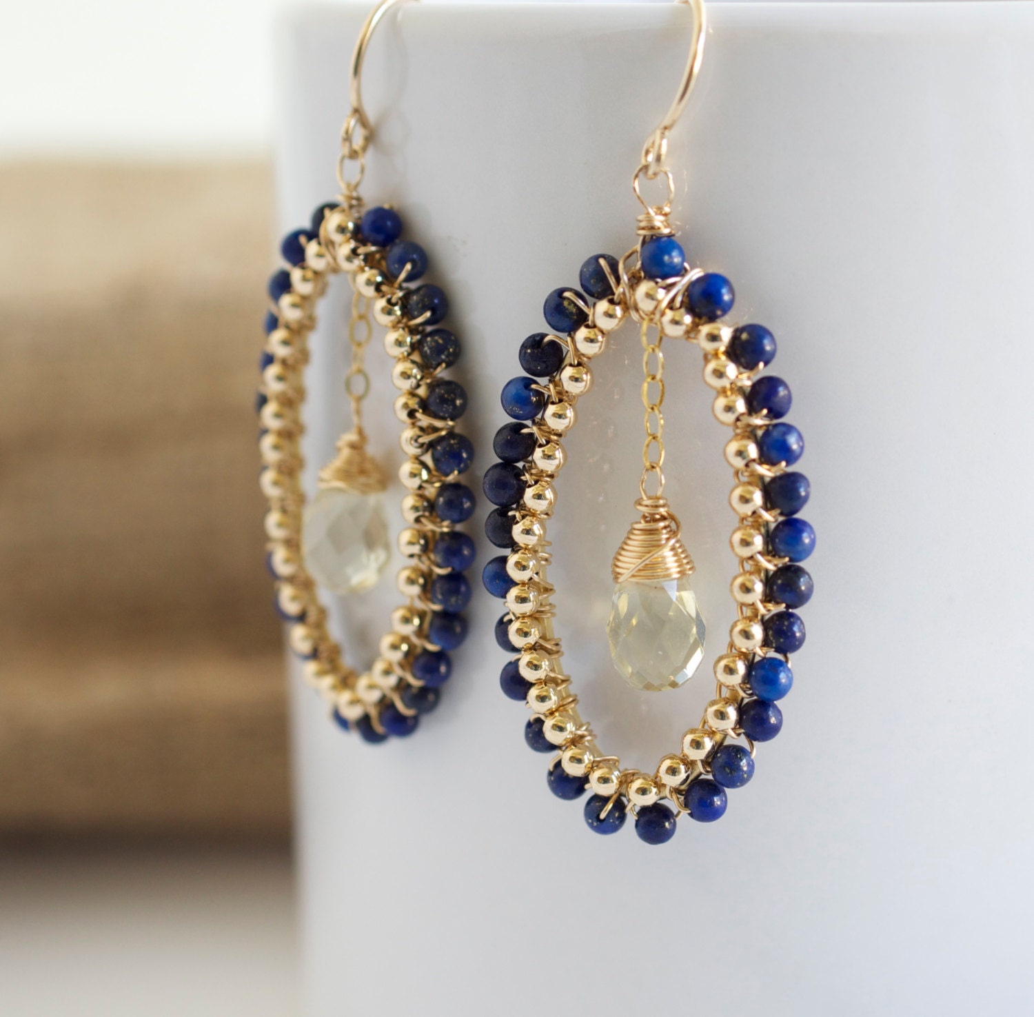 Lapis Dangle Earrings, Lapis and Gold Earrings, Wire Wrapped Earrings, Blue Earrings