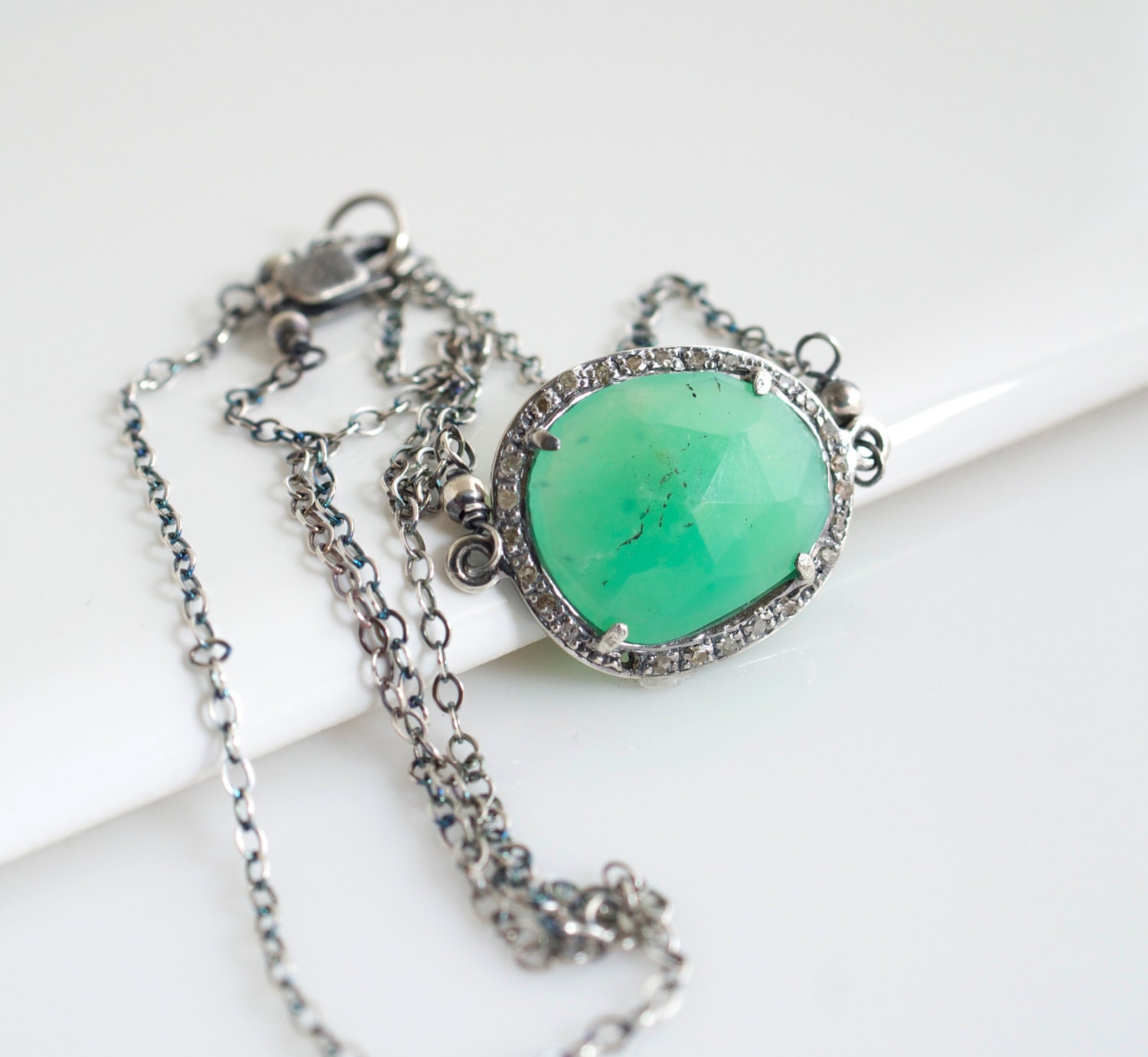 Chrysoprase Pendant Necklace, Chrysoprase Necklace, Diamond Necklace, Gemstone Necklace, Green Necklace