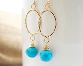 Turquoise Dangle Earrings, Gold Hammered Hoop Earrings, Turquoise and Gold Earrings, Modern Earrings