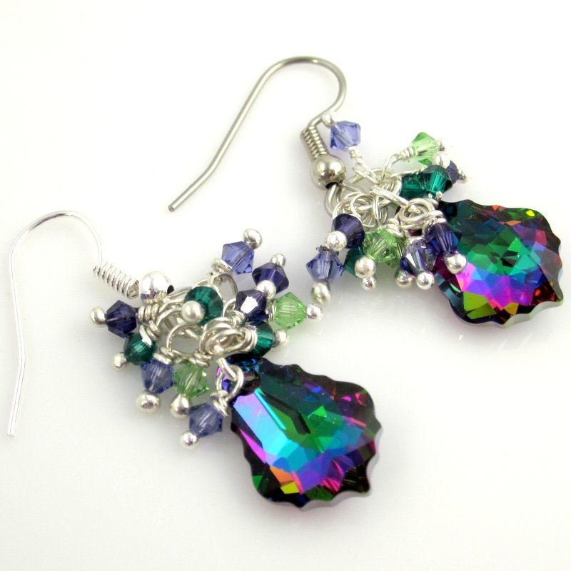 Crystal Dangle Earrings, Baroque Drop Earrings, Cluster Earrings, Beaded Earrings, Beadwork Earrings, Gifts for Her