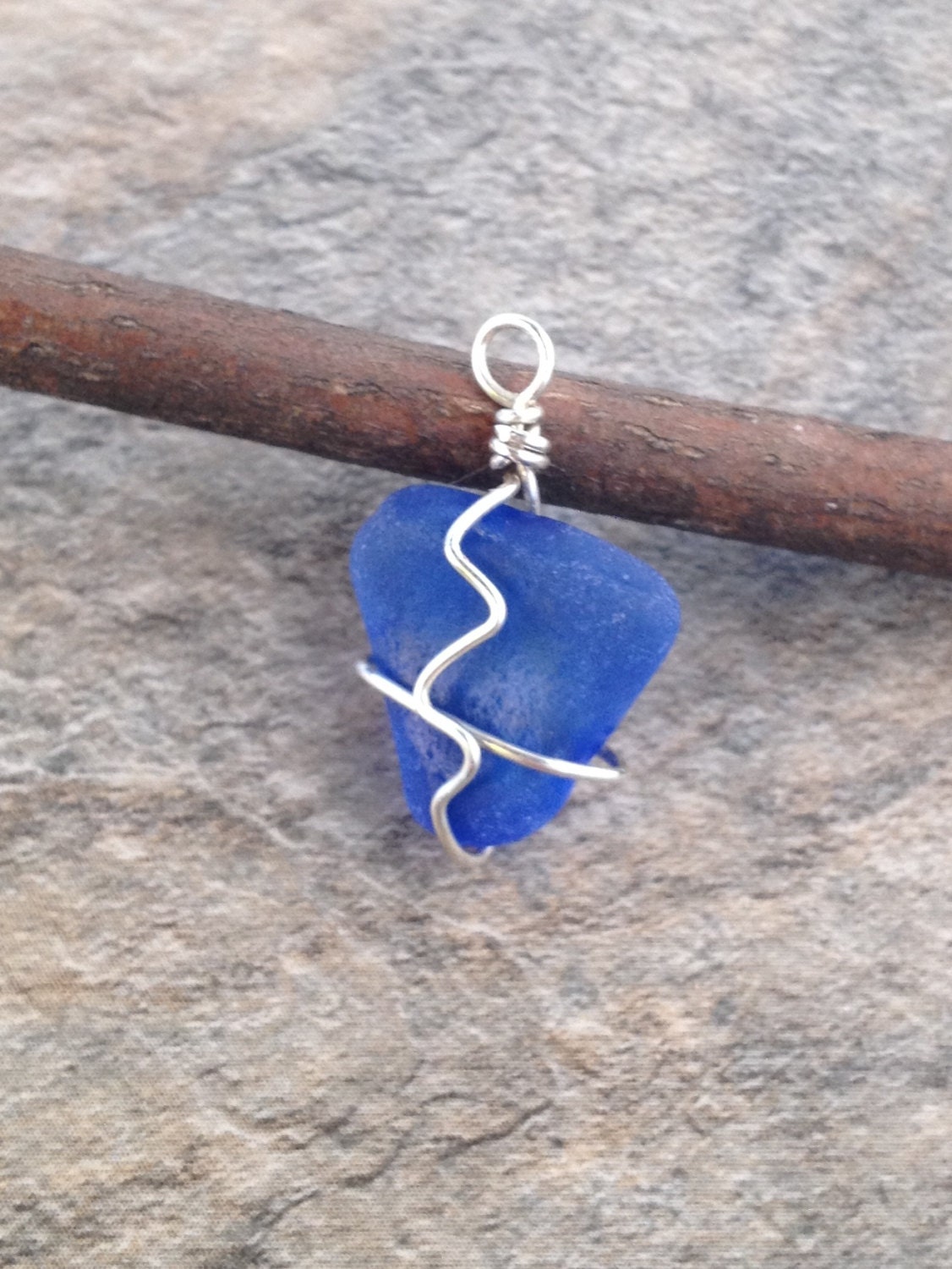 Cornflower Blue Sterling Silver Wire Wrapped Beach Glass Sea Glass Necklace Pendant