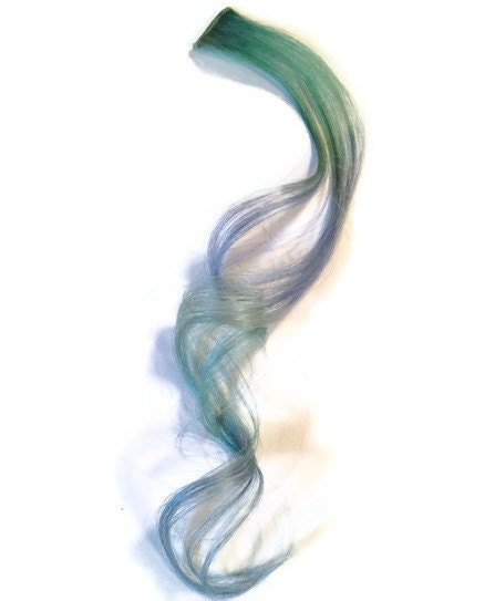 Pastel Blue and green Human Hair Extensions - 18" long, 1" wide. TWO clip in pieces
