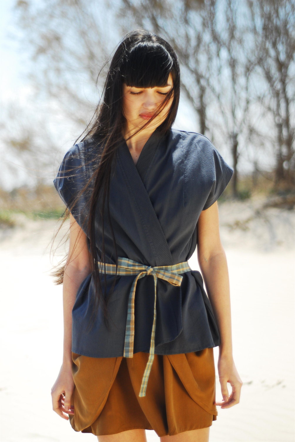 japanese kimono.Navy blue kimono top. woman every day cotton kimono top. summer fashion. urban fashion. plaid kimono . woman's clothing
