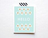 Hello Card, Greeting, Triangles, Gold Metallic, Blue