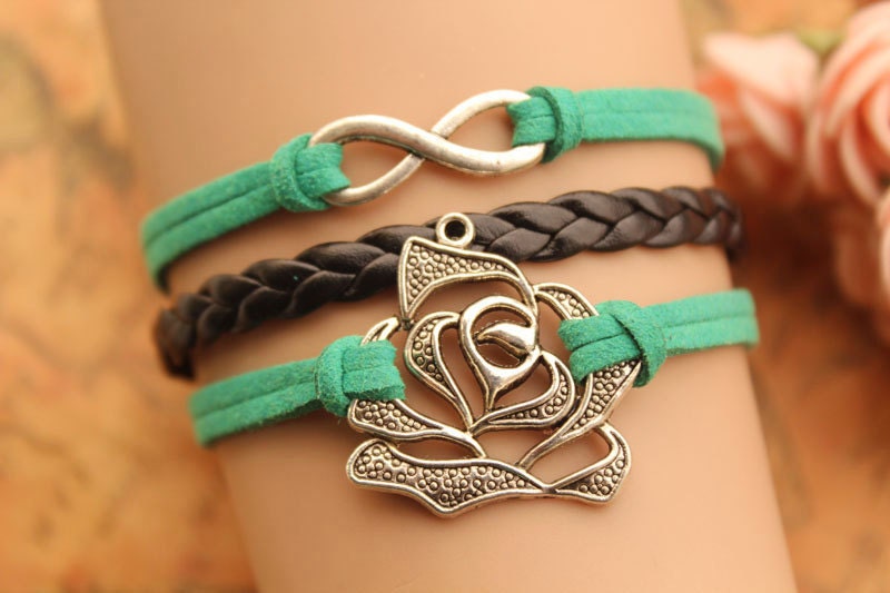 infinity bracelet,retro silver rose bracelet,black braid leather bracelet,green rope---B253