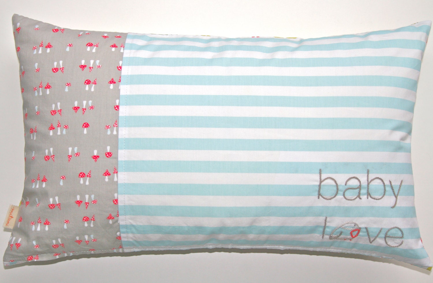 elfin forest blue "baby love" hand embroidered organic pillow