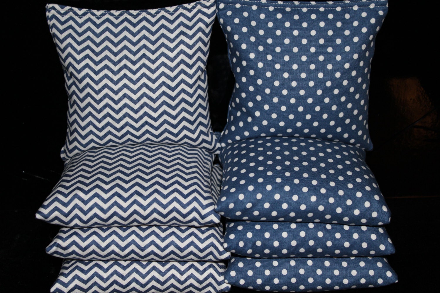 WEDDING Cornhole Bags BLUE Chevron Polka Dots 8 Top Quality Handmade ACA Regulation Corn Hole Bean Bags