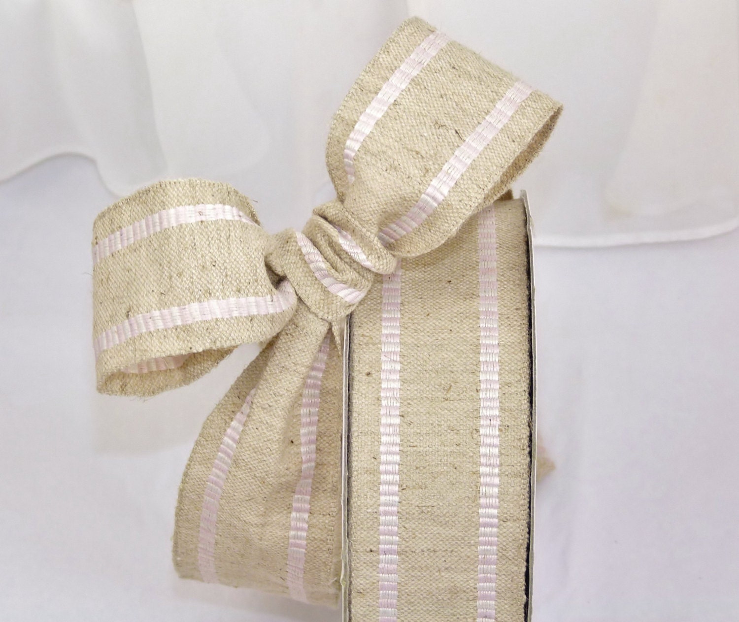 BURLAP RIBBON with Striped PINK and White Checked Trim - 3 Yards by 1&1/2" wide -VinTaGe Fancy Burlap Ribbon ,Packages, Homemade Gifts