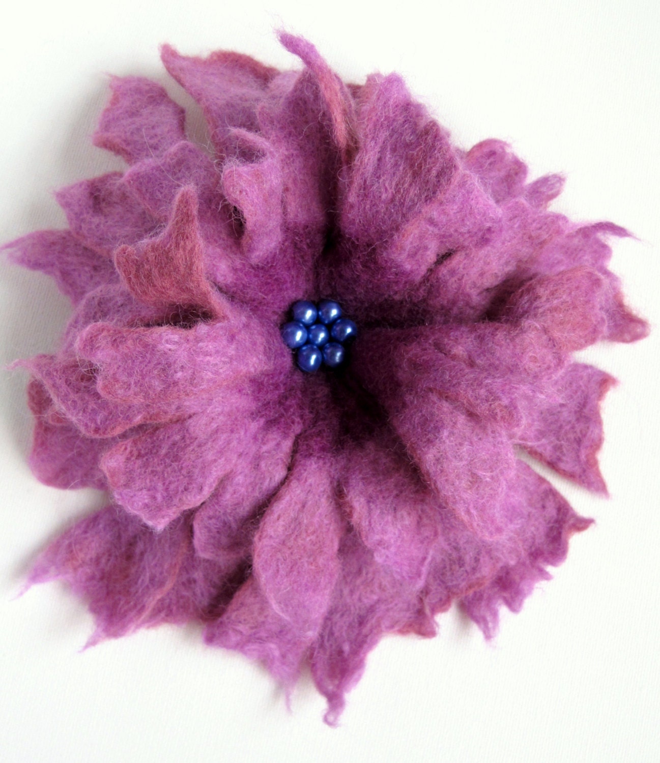 Felt Purple Lilly Lavender Violet Unique Felted Flower Brooch Handmade Merino Wool Glass Pearls Beads High Fashion