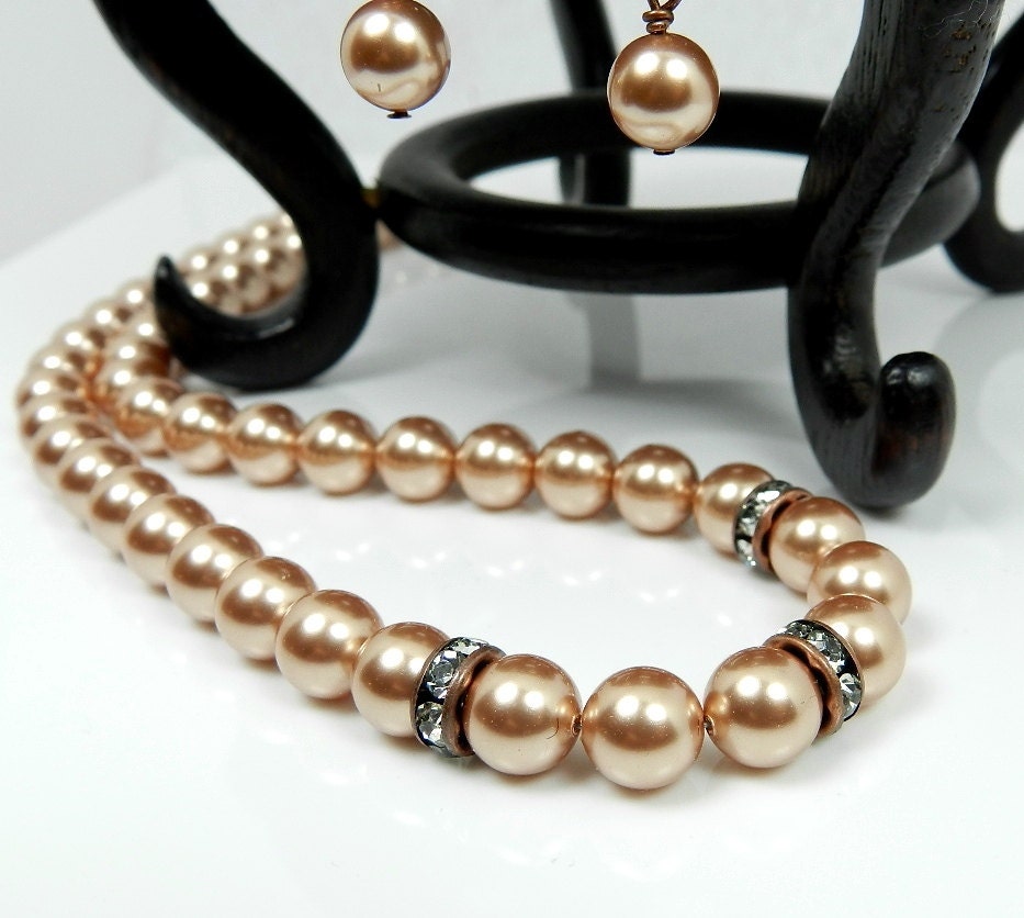 Pearl Bridesmaid Jewelry Set -  Rose Gold Bridal Necklace Earrings - Swarovski Pearl Wedding Jewelry