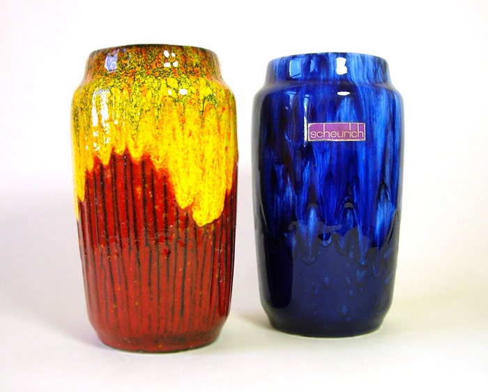 2 Ceramic Vases by SCHEURICH //  West German Pottery // Red Yellow Blue // Mid Century Modern