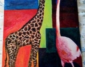 Colorful Painting of a Giraffe and Flamingo