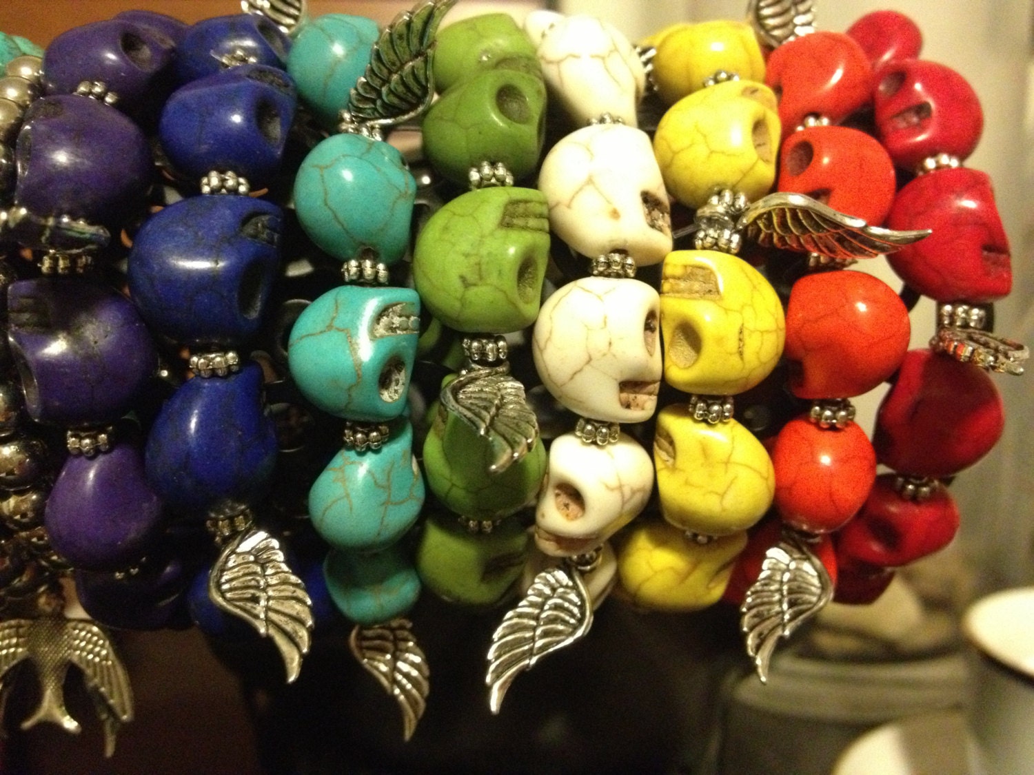 Angel of Death bracelet - stone turquoise or howlite skulls and wing charm handmade bracelet, friendship bracelet