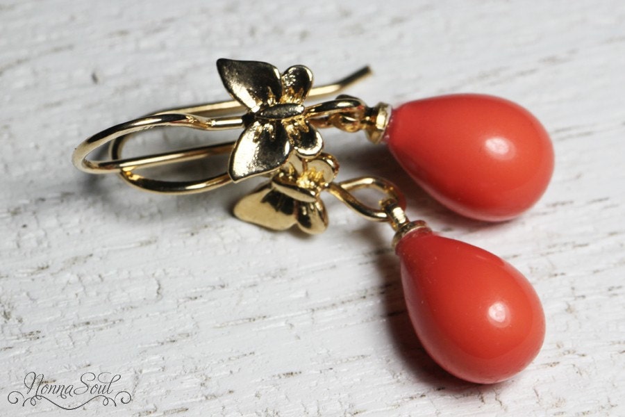 Butterfly earrings with coral majorca, 24K gold plated dangle earrings