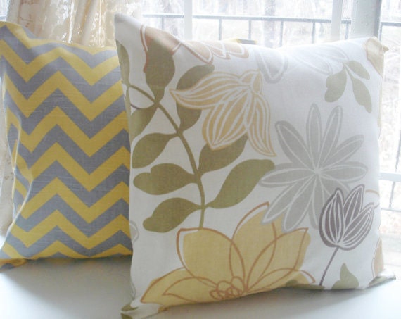 Pillow Covers -   Two Chevron Yellow Gray Floral  18 X 18   " Chevron and Floral "   Accent Pillows   Throw Pillows   Decorative 18 X 18