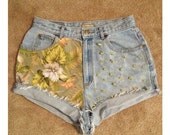 Green Floral tropical high waisted Hawaiian summer studded gold denim shorts 