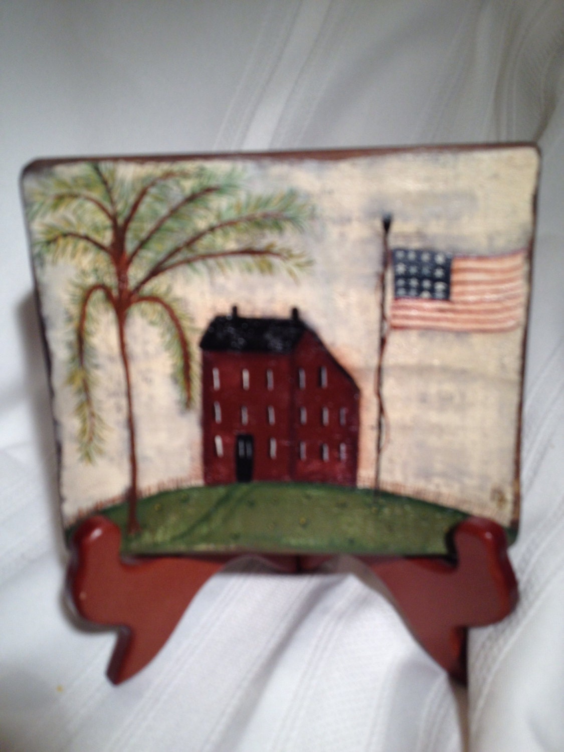 Primitive Mini Hand Painted Americana Saltbox and Willow wood Plaque